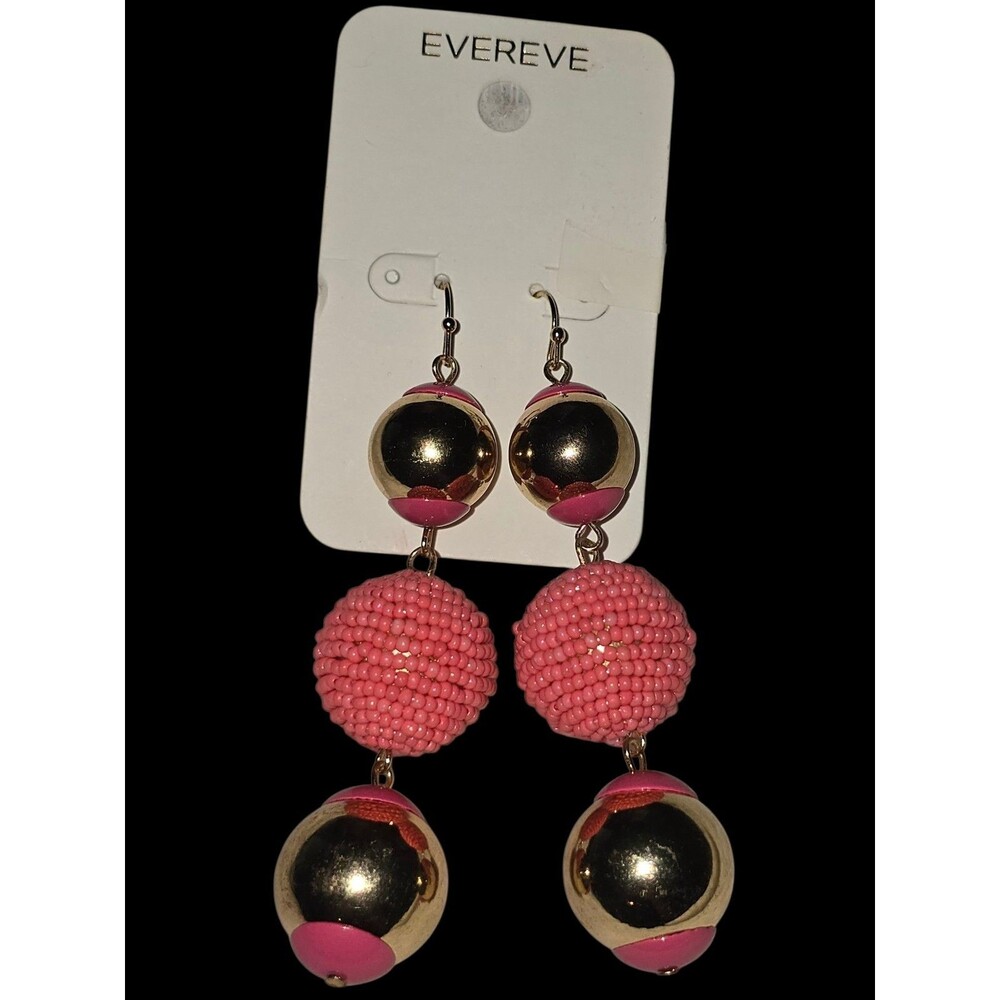 Evereve Gold Tone & Pink Round Beaded Drop Mixed Ball Statement Earrings NWT
